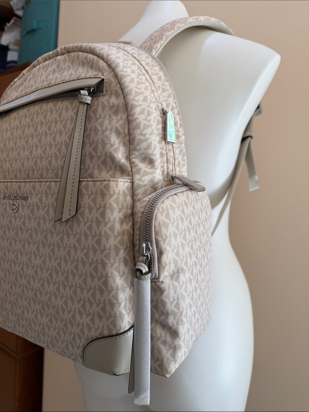 Michael Kors Beige MK woven Logo Backpack with Silver Accents - Picture 2 of 12
